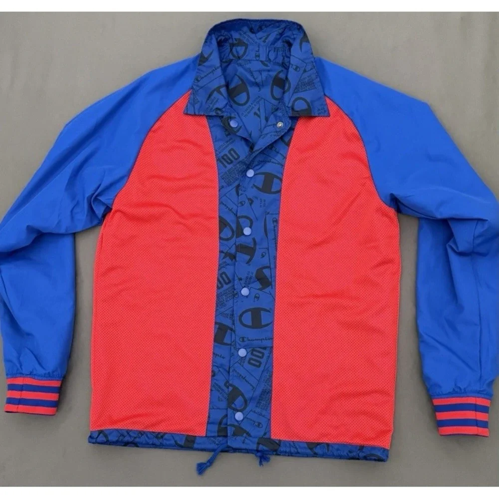 Vintage Champion Jacket Mens Medium Blue Long Sleeve Snap Logo All Over Print